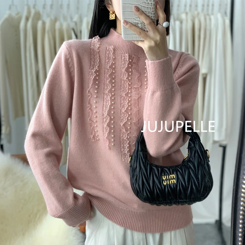 新款洋气花边钉珠~2024秋冬新款百搭气质女士宽松显瘦针织衫毛衣