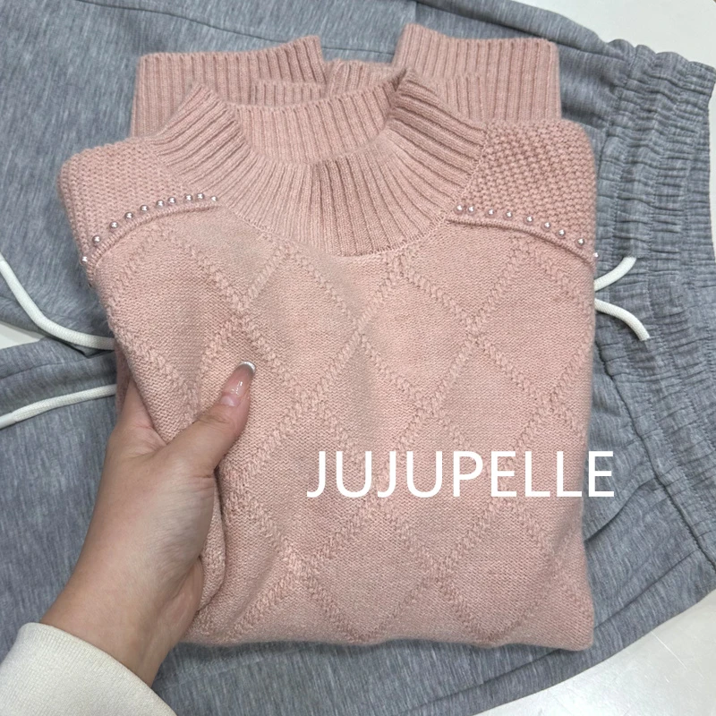 2025冬季新年洋气钉珠纯色圆领保暖毛衣外套针织打底衫女套头上衣