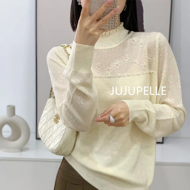 2024秋季新款钉珠半高领打底衫宽松显瘦女款针织衫时尚洋气显瘦