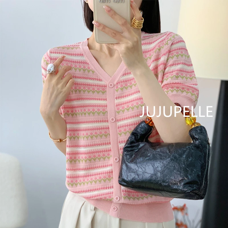 莱赛尔天丝~2024春季新款气质条纹打底衫宽松女款针织衫短袖显瘦