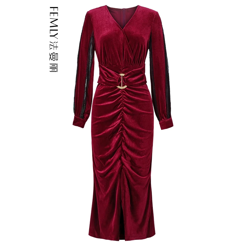 2024秋季气质时尚捏褶轻奢丝绒连衣裙2889