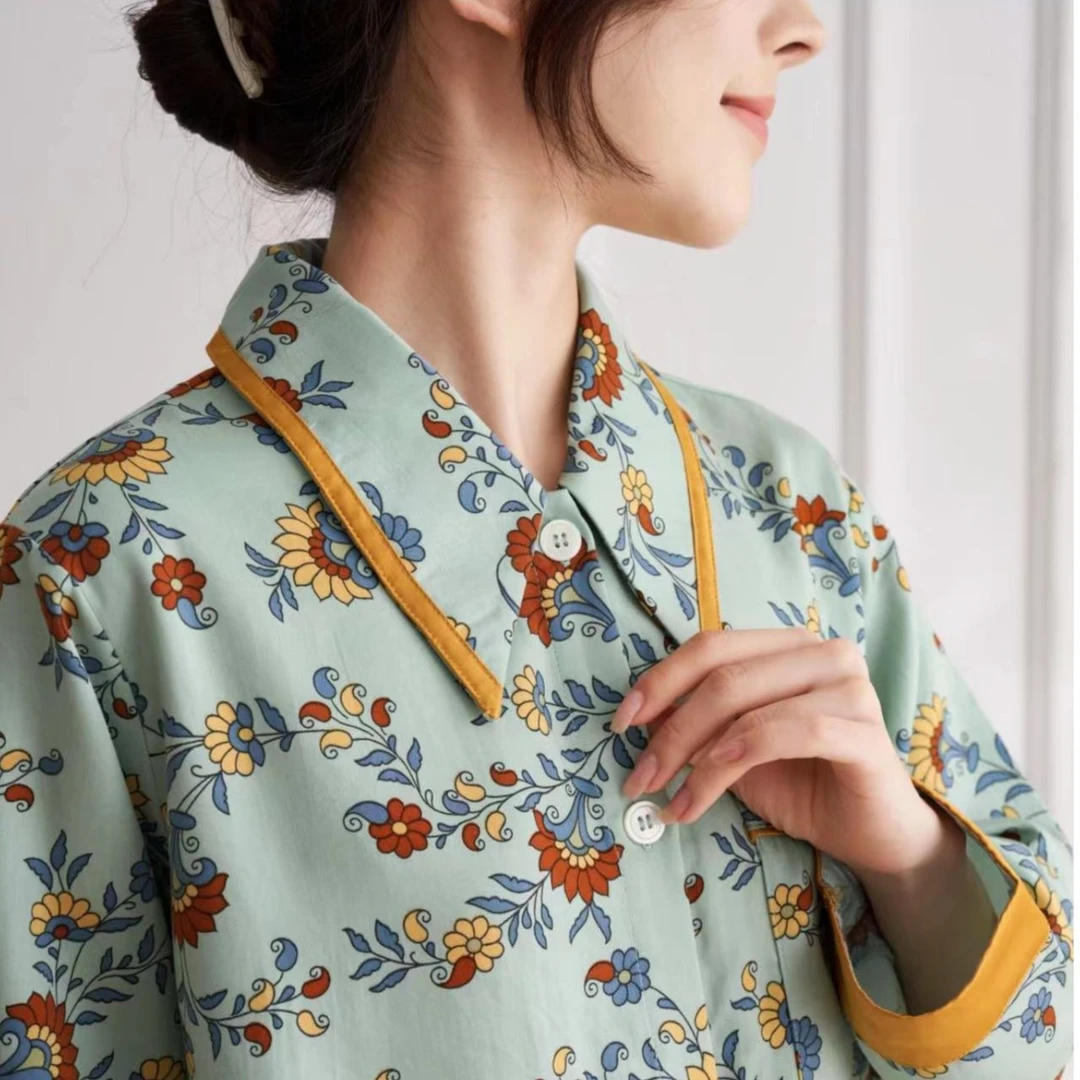 【维勒夫特】高端款睡衣长袖睡衣春秋夏季女士印花家居服套装