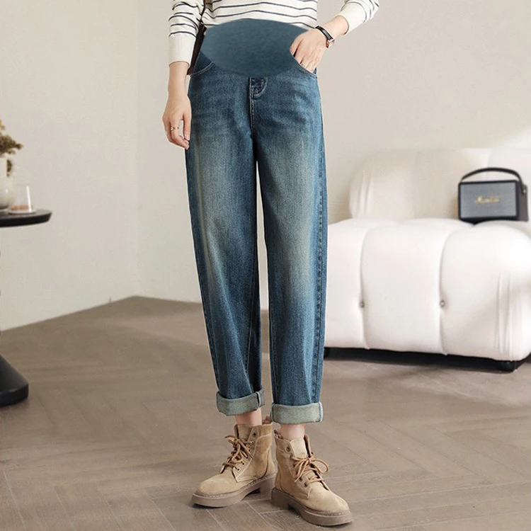 春秋季孕妇装加绒加厚裤高腰显瘦托腹裤宽松老爹裤外穿哈伦牛仔裤