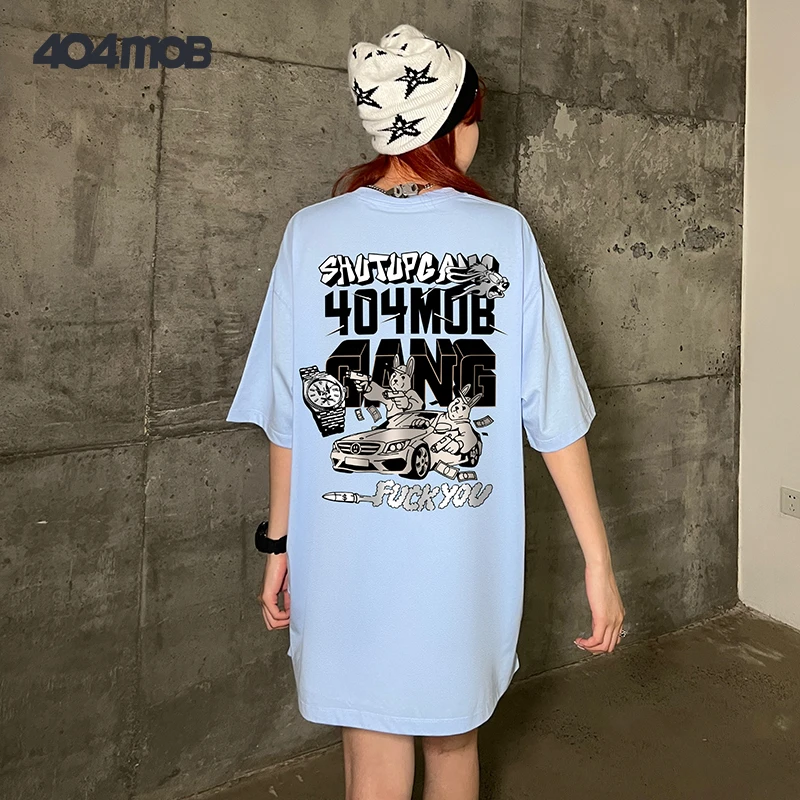 404MOB 2023夏季新款卡通印花潮流圆领宽松半袖青春休闲日常t恤