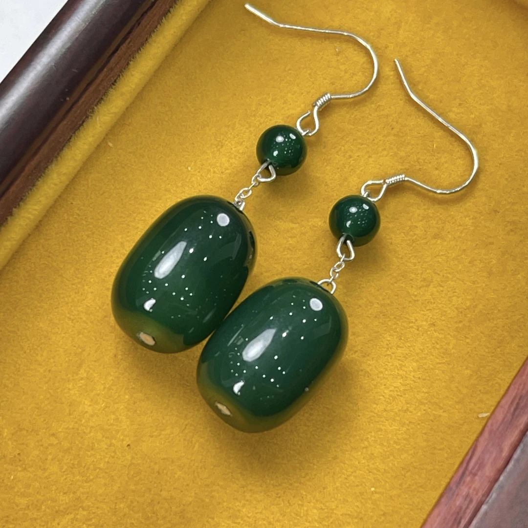 银镶绿玛瑙桶珠耳环（拍一发一多样性发货）