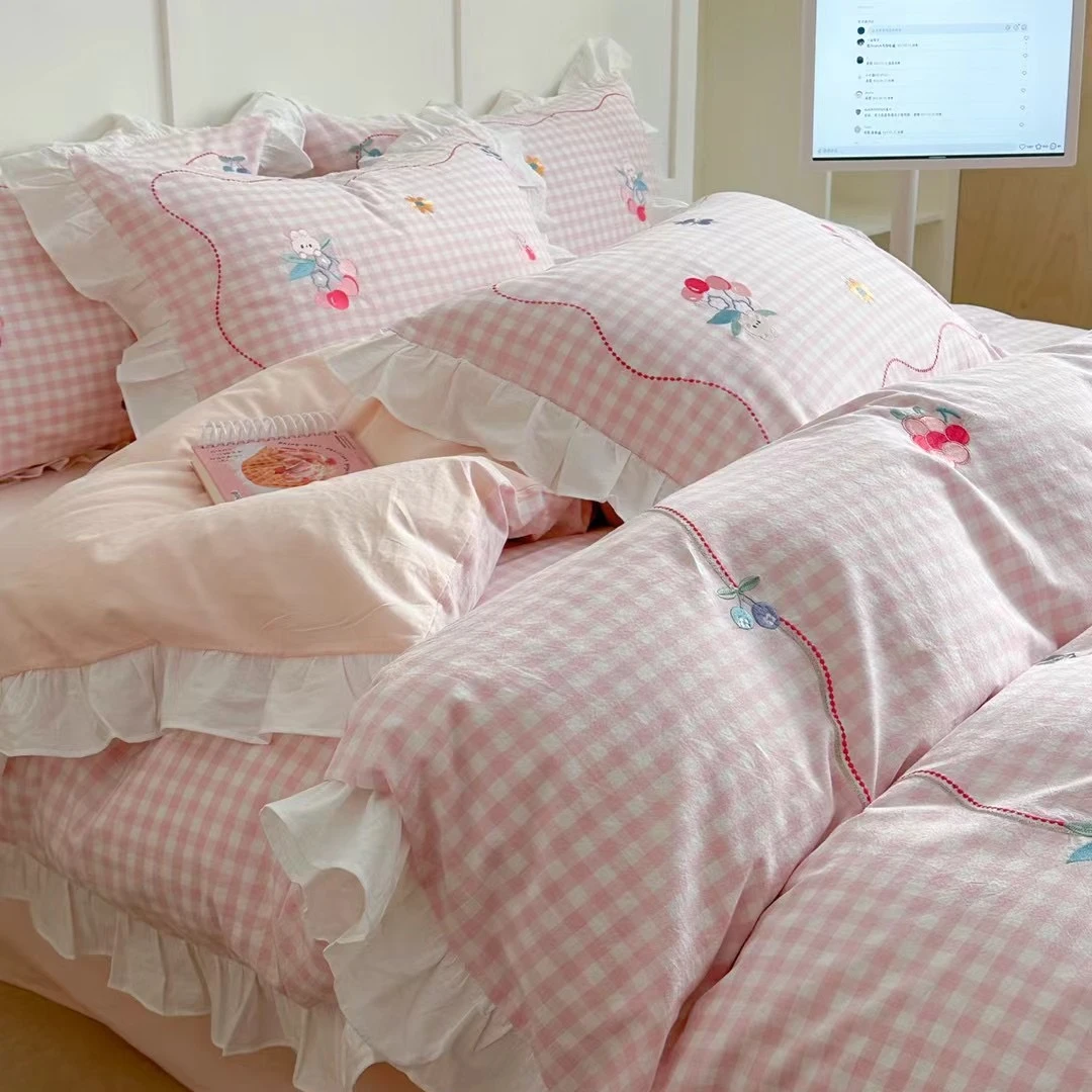 zzdream  树莓兔  全棉高支贴布绣花水洗棉简约小清新纯色四件套