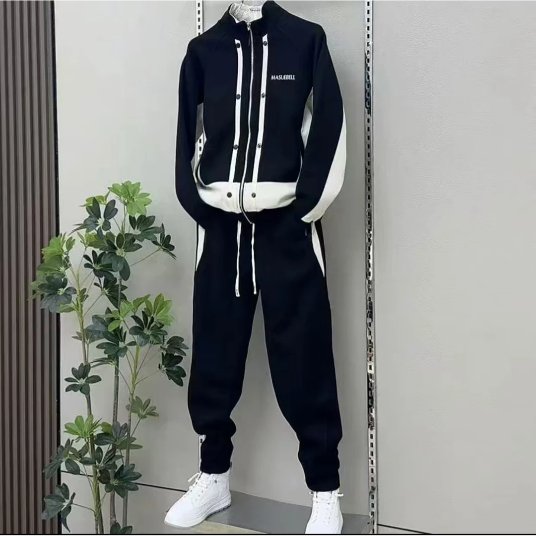 男士春秋新版潮流撞色拼接套装时尚休闲外套潮流百搭哈伦裤束脚裤