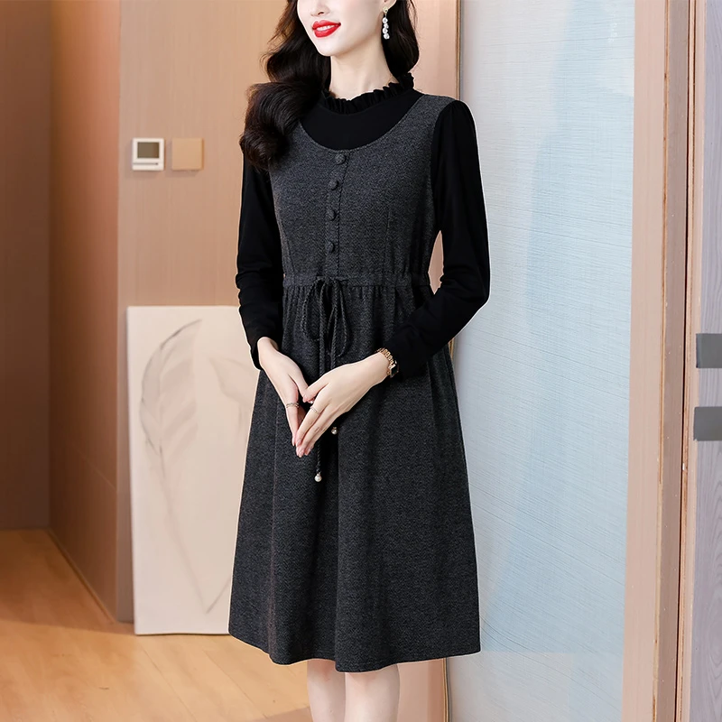 2024秋冬时尚假两件套大码裙显瘦抽绳收腰时尚打底半高领连衣裙