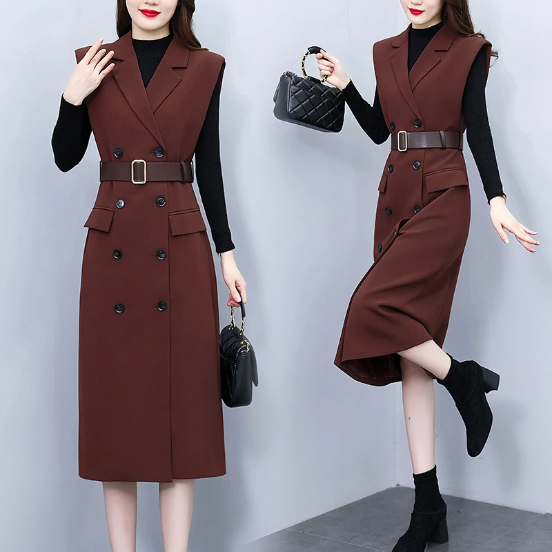 高端时尚妈妈裙2024秋季新款气质通勤双排扣无袖西装马甲连衣裙女