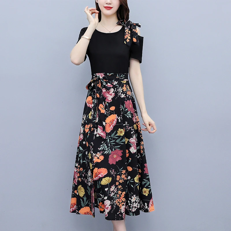 高端新款洋气拼接显瘦连衣裙2025时尚过膝碎花印花短袖a字大码裙
