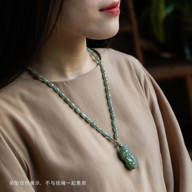 油青翡翠男女挂件吊坠绳女款时尚米珠链项链绳玉线编织绿色项链