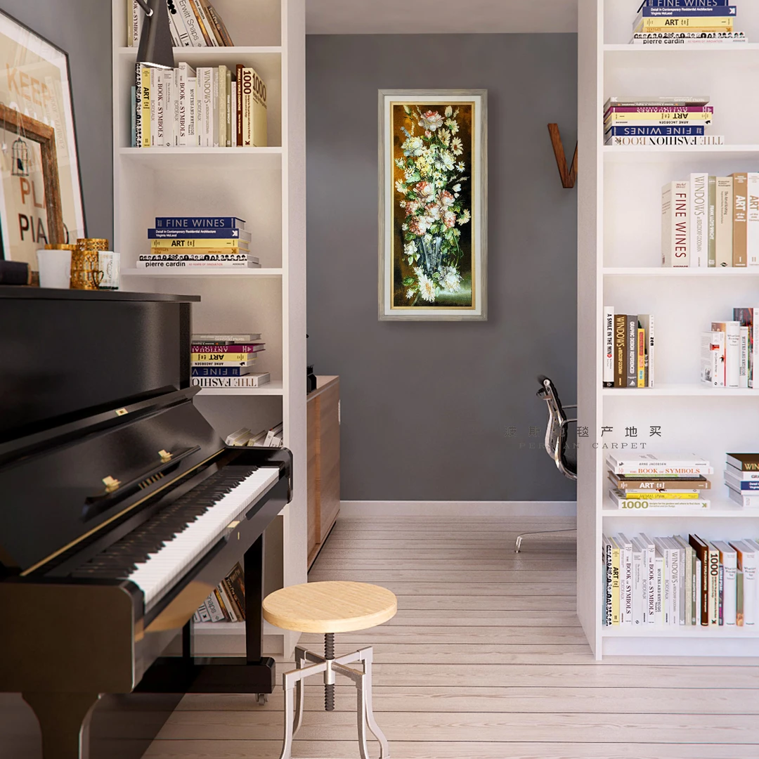 简约风伊朗手工编织波斯挂毯客厅餐厅玄关桑蚕丝羊毛花卉挂毯F193