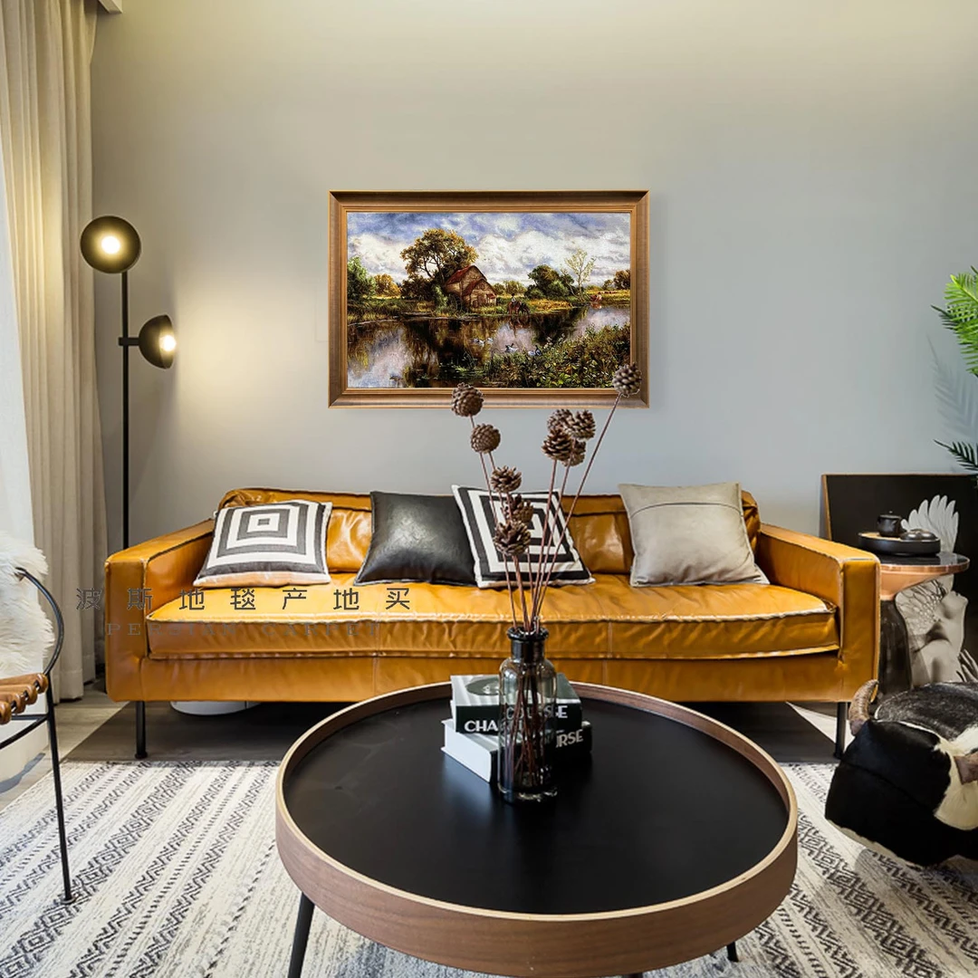 简约风伊朗手工编织波斯挂毯客厅餐厅玄关桑蚕丝羊毛风景挂毯S116