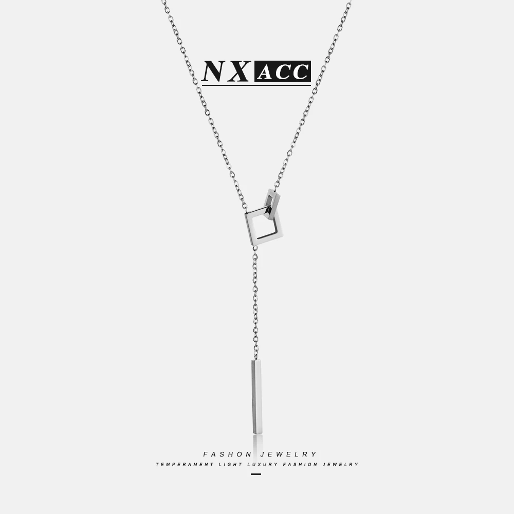 钛钢项链 X-938方形环环相扣流苏项链女ins小众简约冷淡风锁骨链