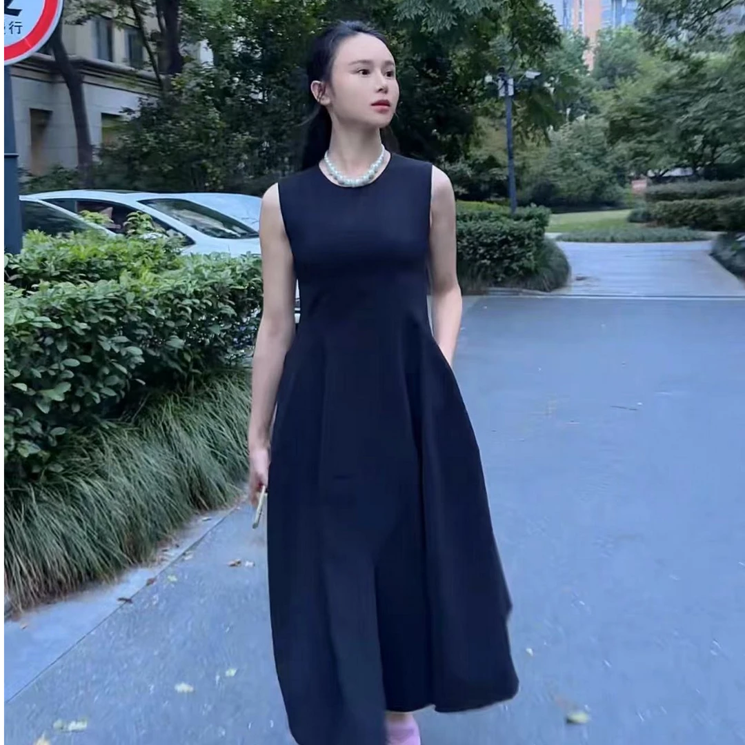 赫本风简约时尚气质小黑裙女开叉口袋无袖连衣裙法式显瘦修身百搭
