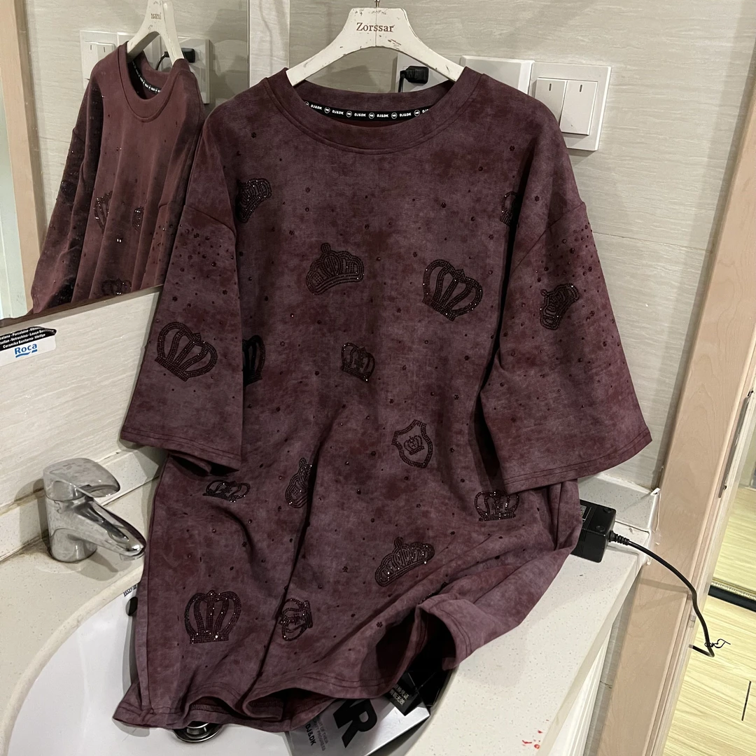 时尚宽松大板百搭秋冬加厚加绒磨毛烫钻皇冠短袖T恤女【A22-47