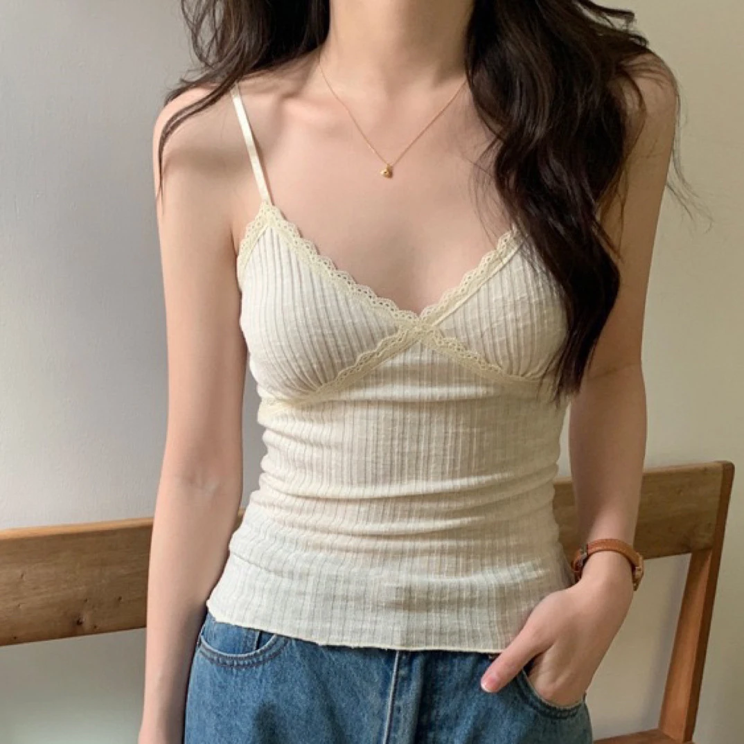 夏款蕾丝吊带自带胸垫显瘦女背心打底修身外穿法式美背