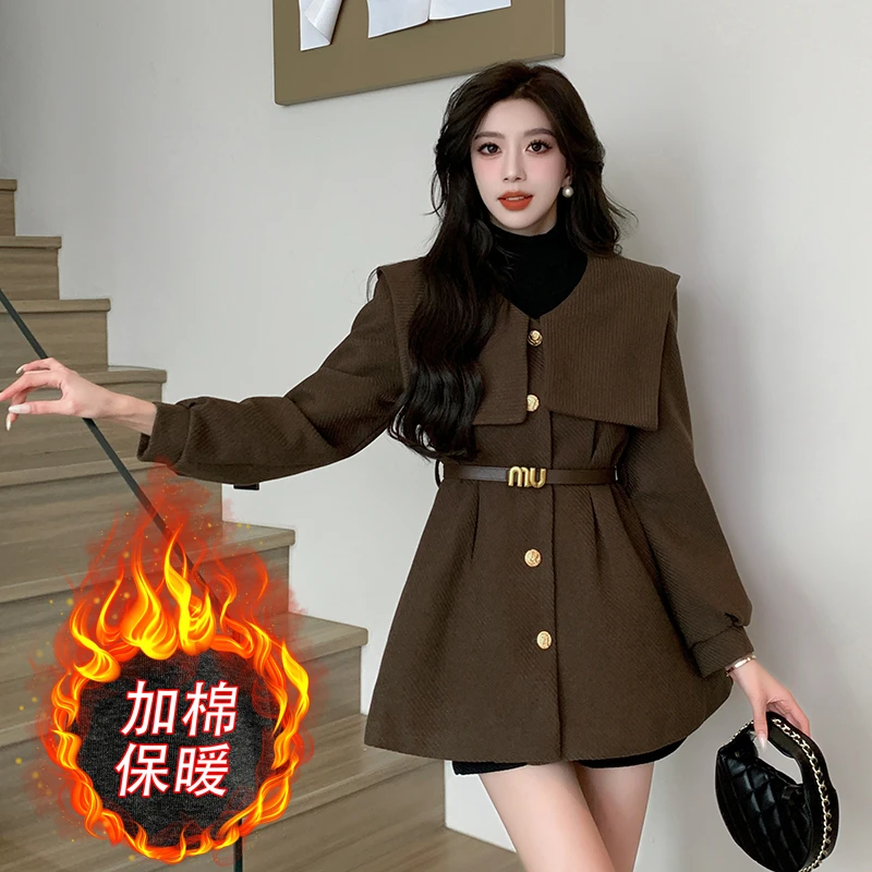 洋气时尚小个子冬季加厚保暖毛呢外套+毛呢高腰短裤收腰两件套装