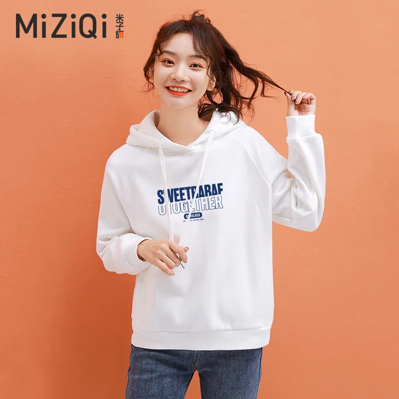 米子旗连帽卫衣女春秋冬2023新款宽松休闲小个子加绒套头上衣外套