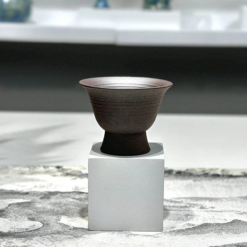 千川-创意全手工粗陶茶杯复古斗笠杯主人杯客杯诧寂风手作高脚杯