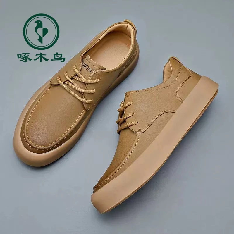 啄木鸟男鞋2024新款厚底工装鞋秋季真皮透气休闲男士皮鞋潮流板鞋