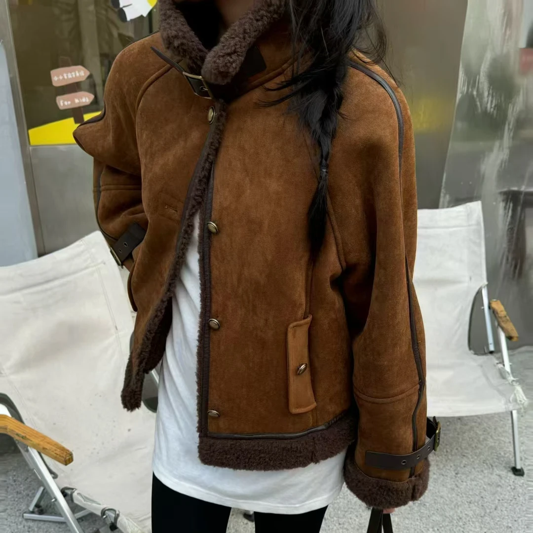 蜗牛家档口新款百搭气质款假皮毛一体毛毛翻领外套6920