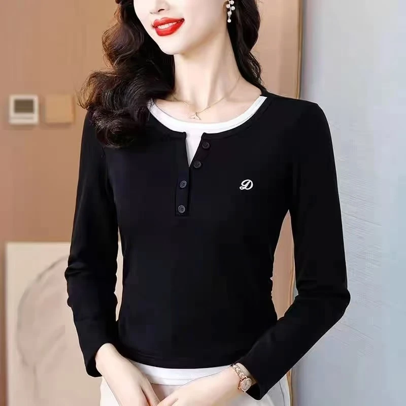 蜗牛家档口新款百搭气质款假两件基础打底衫66519