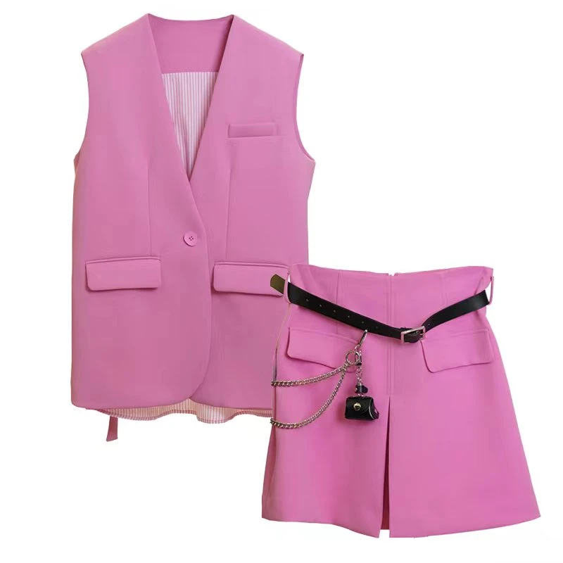 清白白【BASSIRIANA】百搭醋酸马甲+A字短裙套装女210434