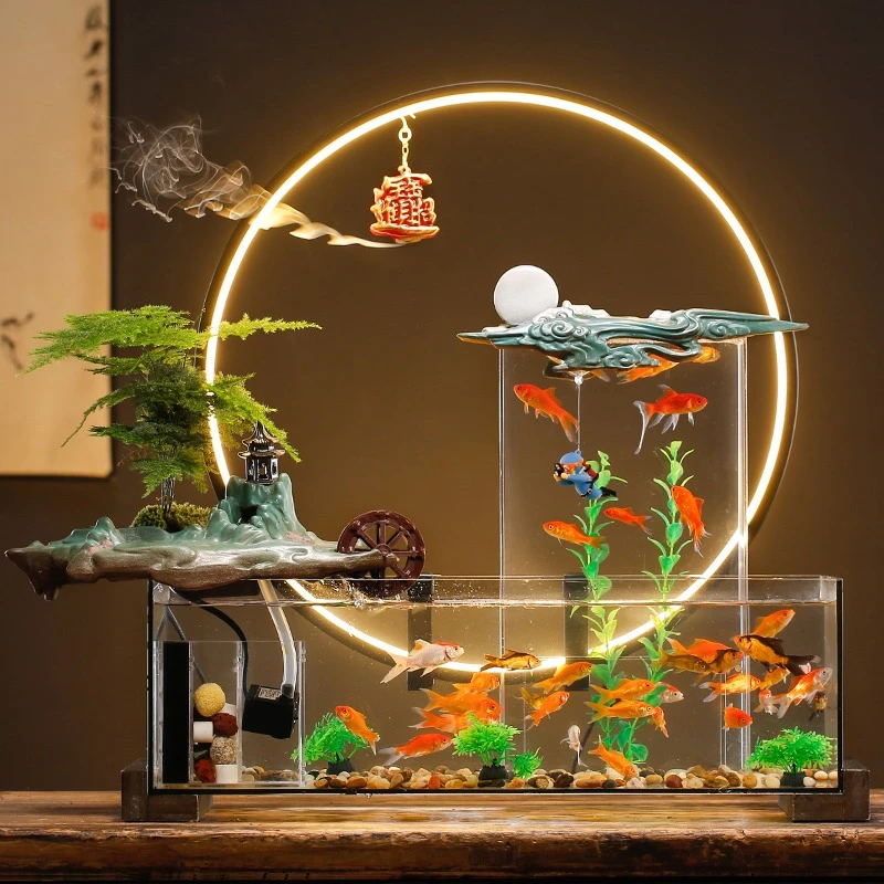 负压鱼缸造景玻璃鱼缸摆件循环水客厅办公室桌面招财开业乔迁礼品
