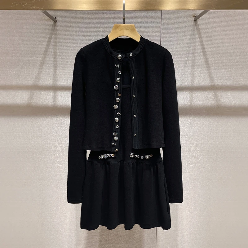 早秋穿搭套装2024重工小香风黑色毛衣开衫背心连衣裙外搭针织外套