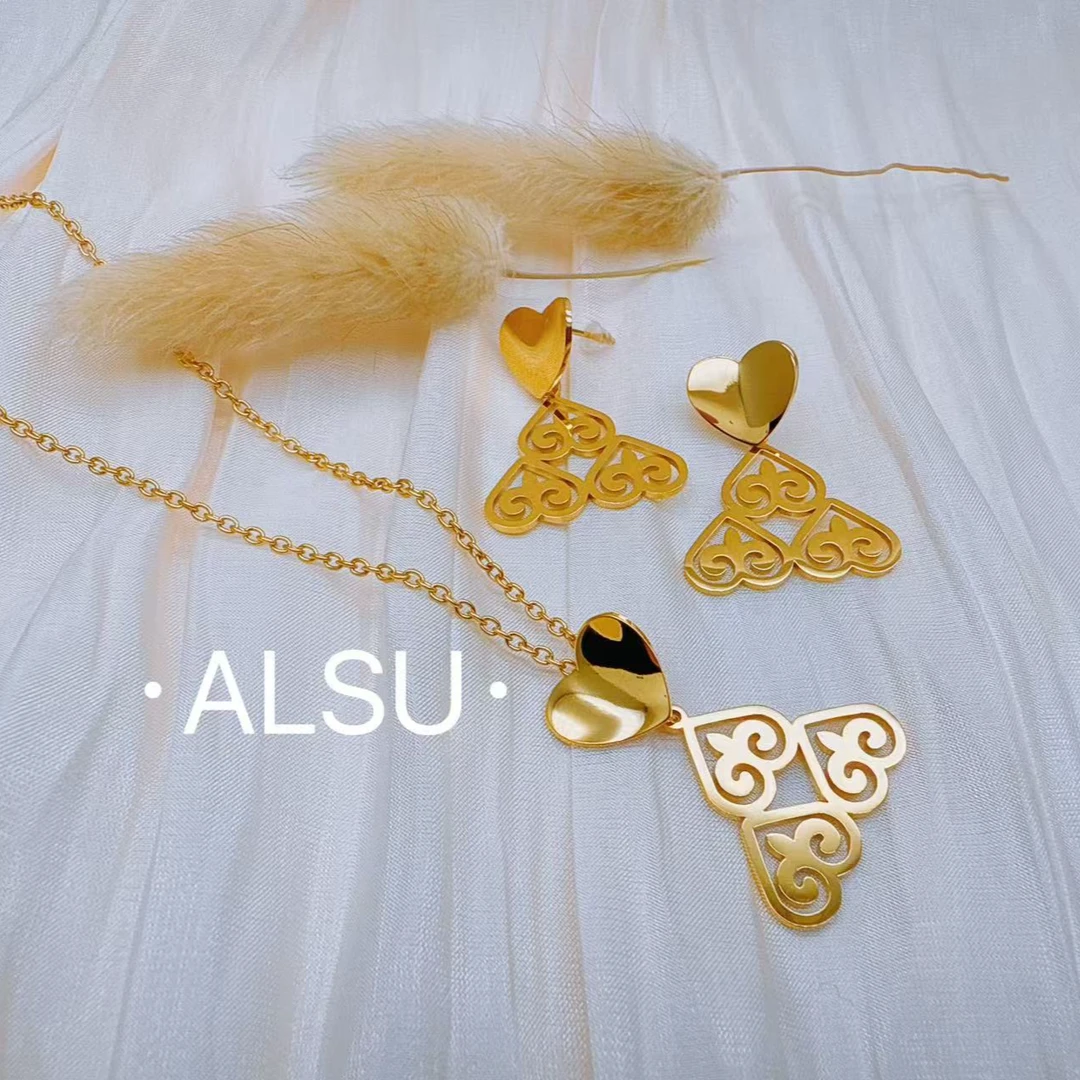 合金项链 ALSU原创经典民族风秋冬款心形项链耳钉两件套百搭时尚