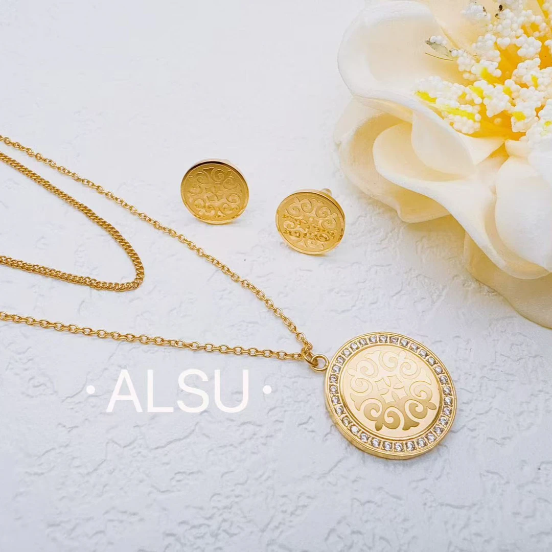 合金项链 ALSU经典民族风秋冬新款双层项链耳钉两件套百搭时尚