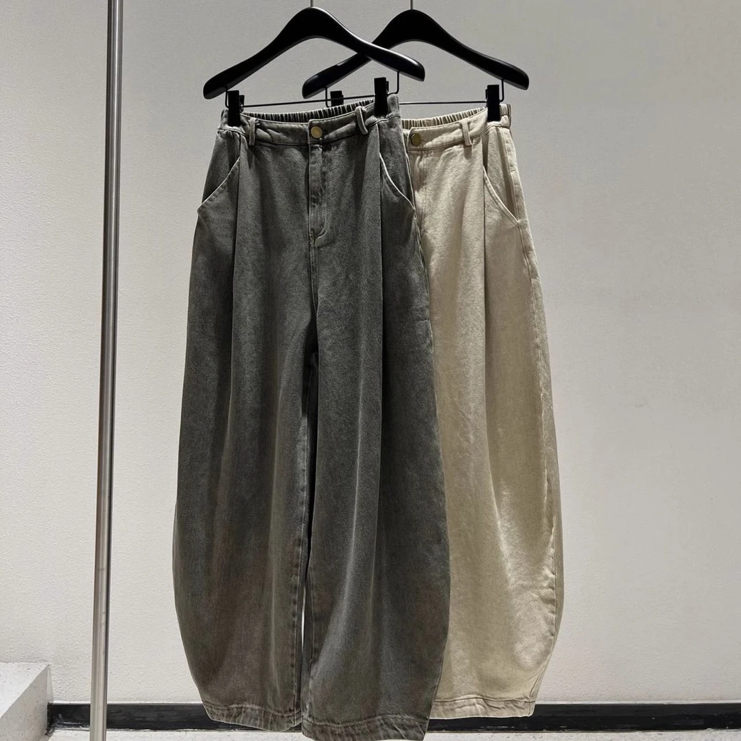 特大码斤胖MM时尚做旧松紧腰直筒牛仔裤女秋冬宽松显瘦松紧牛仔裤