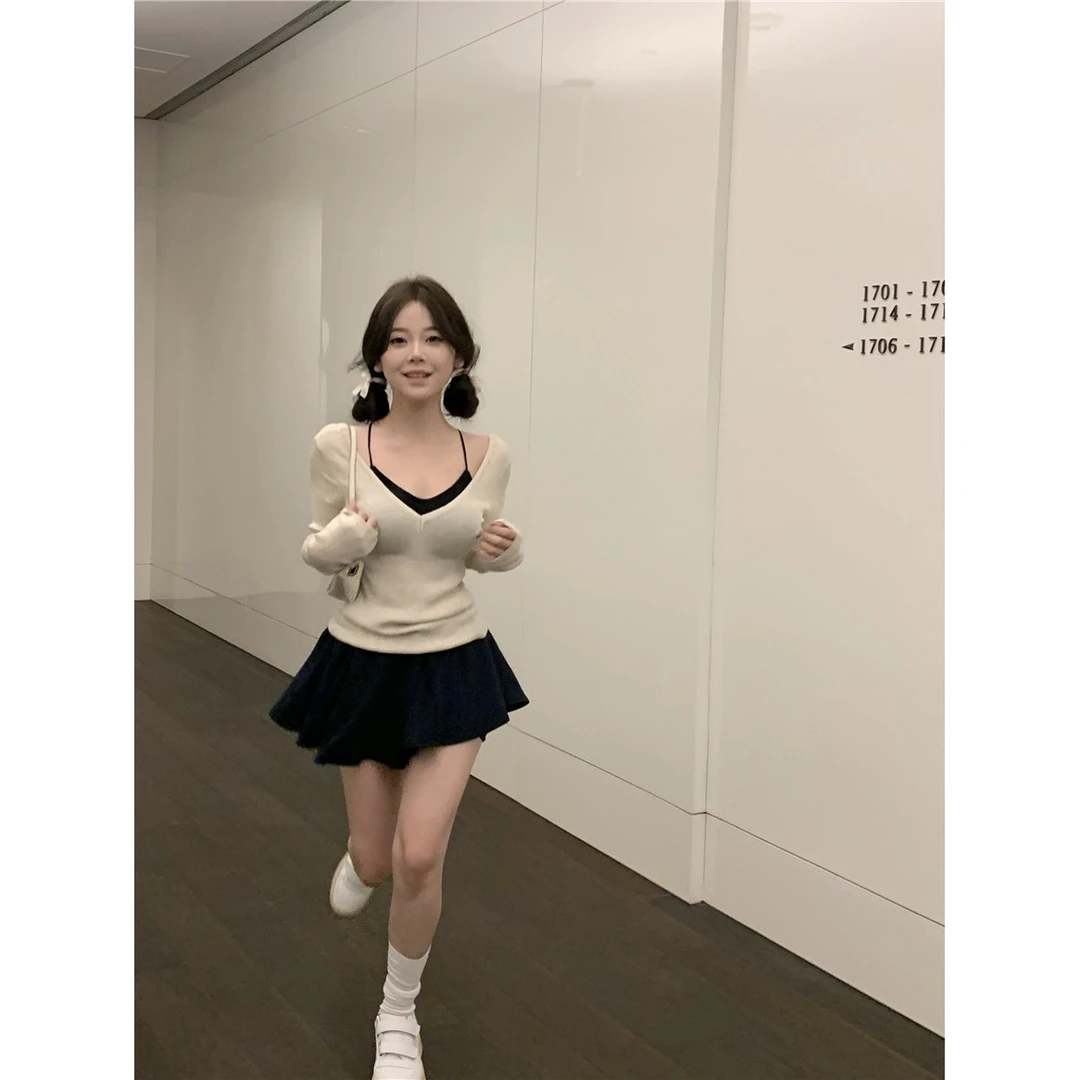 新款时尚芭蕾少女穿搭套装女针织衫挂脖吊带上衣春季气质女蕾丝