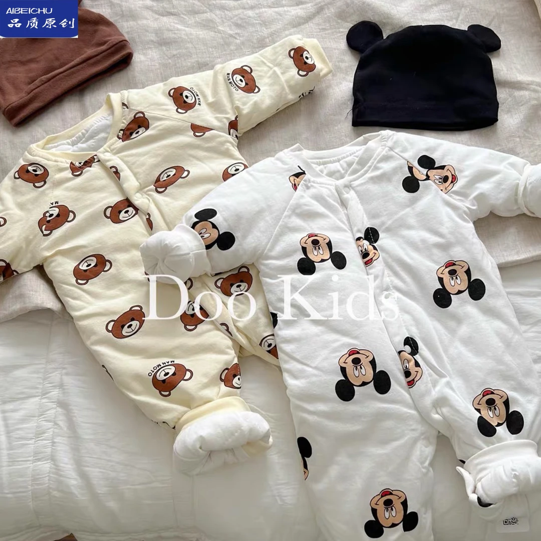 ins婴儿秋冬季款夹层哈衣新生儿纯棉夹棉连体衣男女宝宝外出爬服