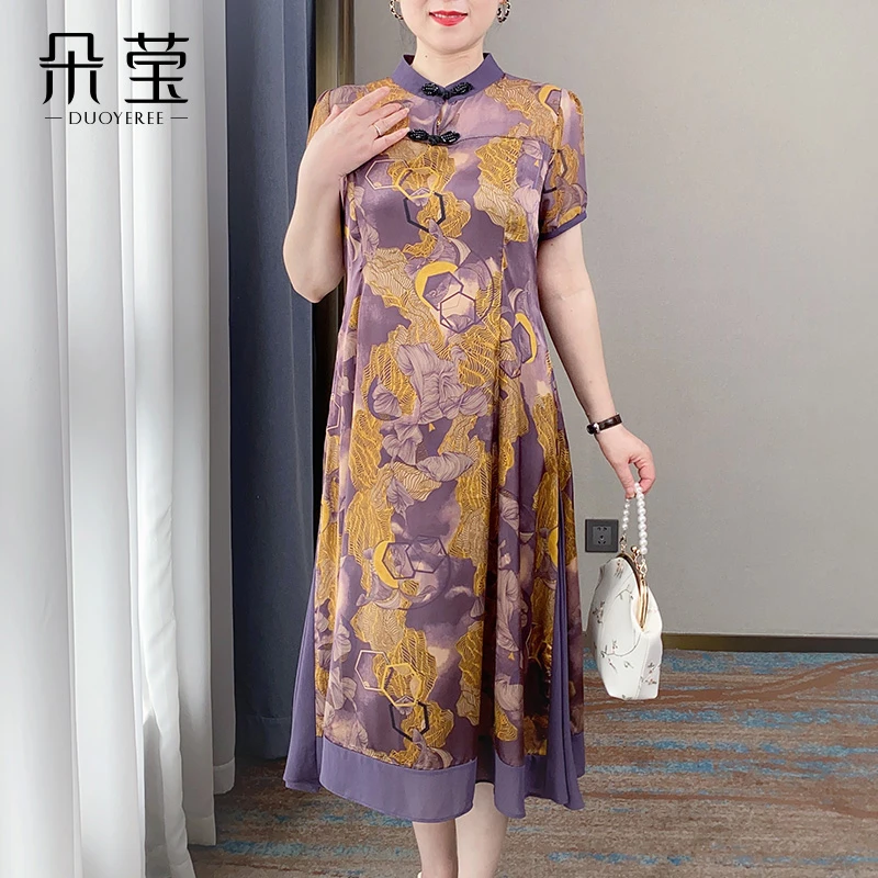 SL气质妈妈夏装中国风印花连衣裙中年女装新中式显瘦长裙子516