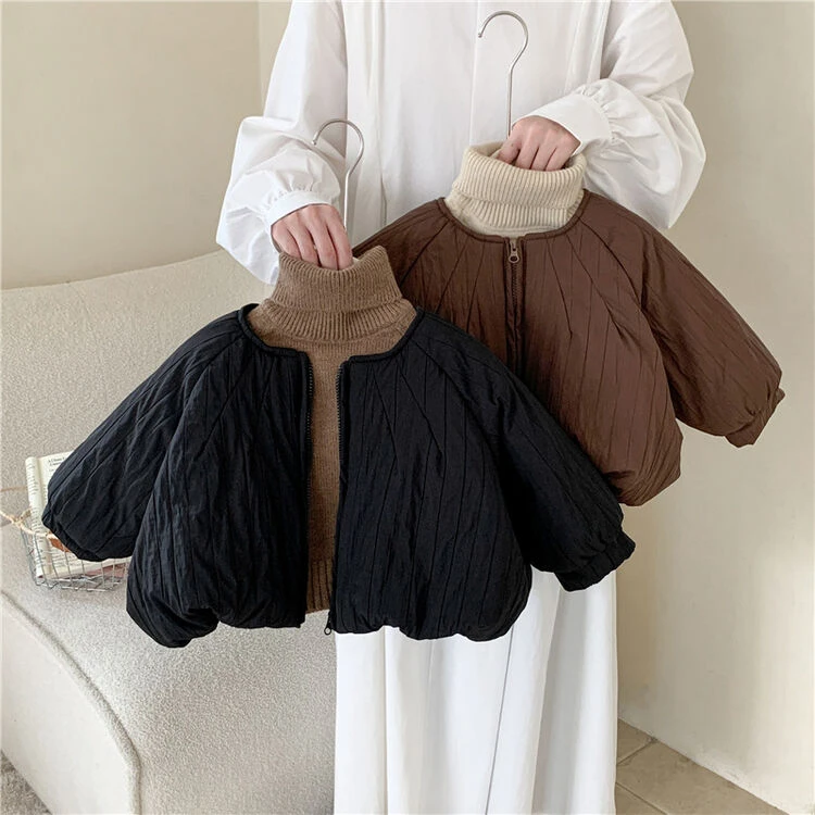 儿童韩版小童棉衣时尚洋气宝宝上衣森系圆领短款纯色保暖冬装棉服