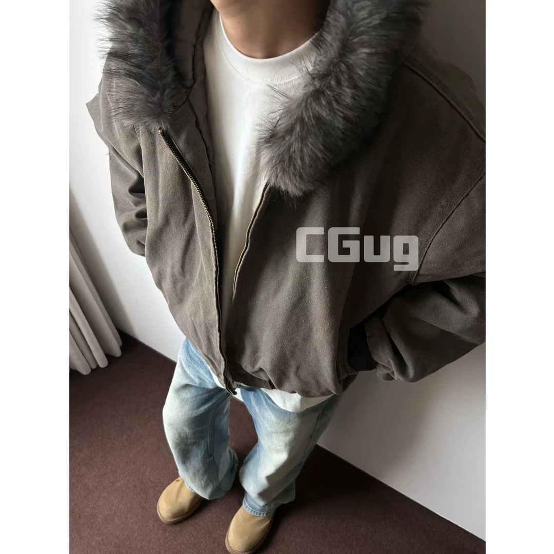 秋冬季【毛领款】夹棉夹克男女冬季帆布工装外套派克连帽棉服男款