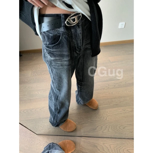 美式复古小众拼接黑牛做旧牛仔裤情侣款微喇裤