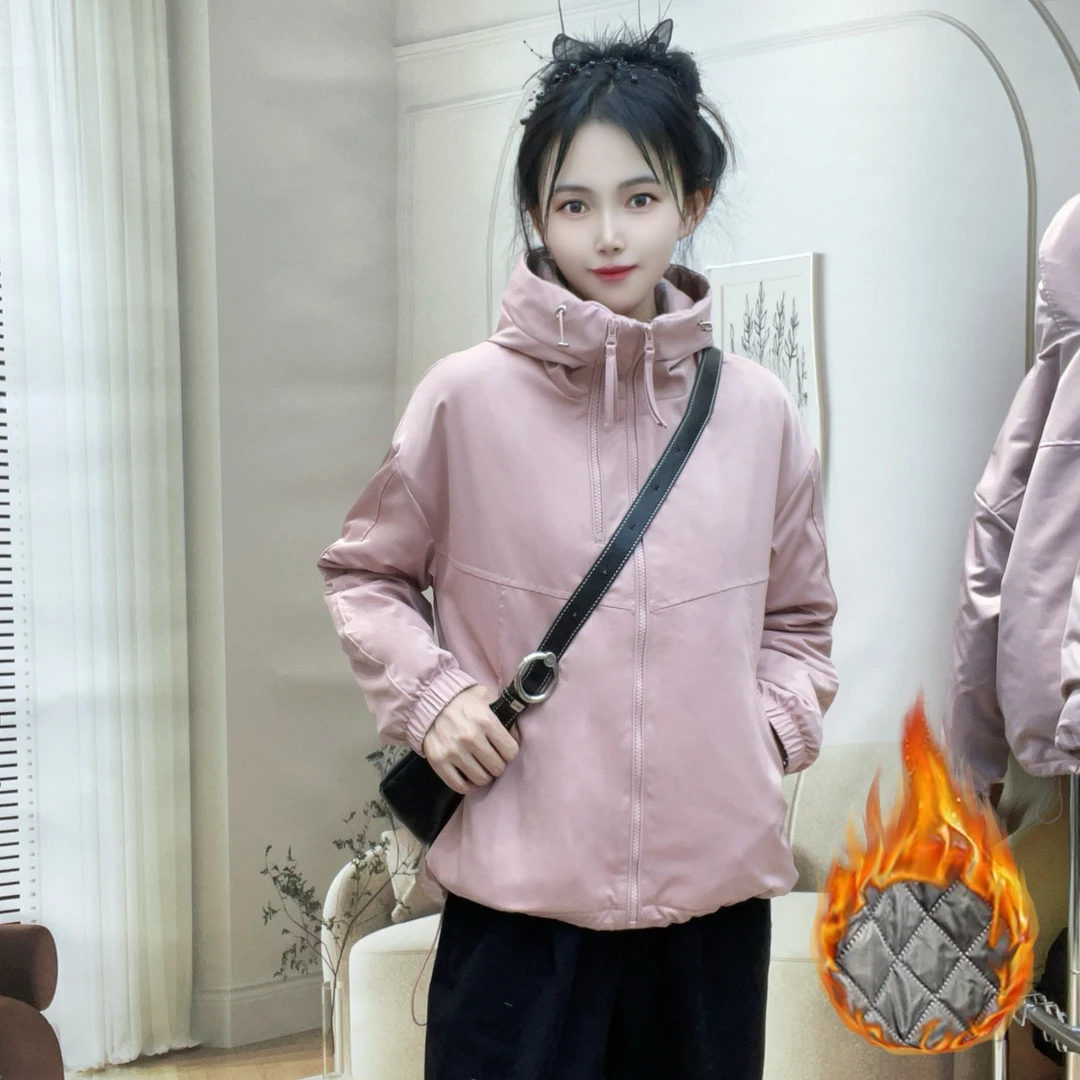 07款双拉链2024年冬季休闲保暖时尚减龄连帽冲锋衣短款加厚棉衣