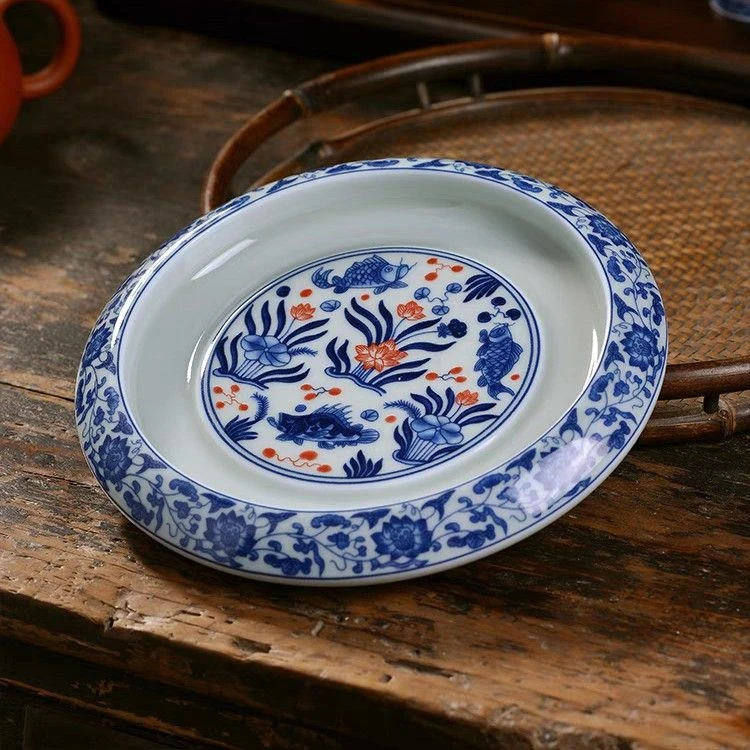 景德镇手工手作釉下青花釉里红鱼藻纹陶瓷壶承果盘（直径17cm）