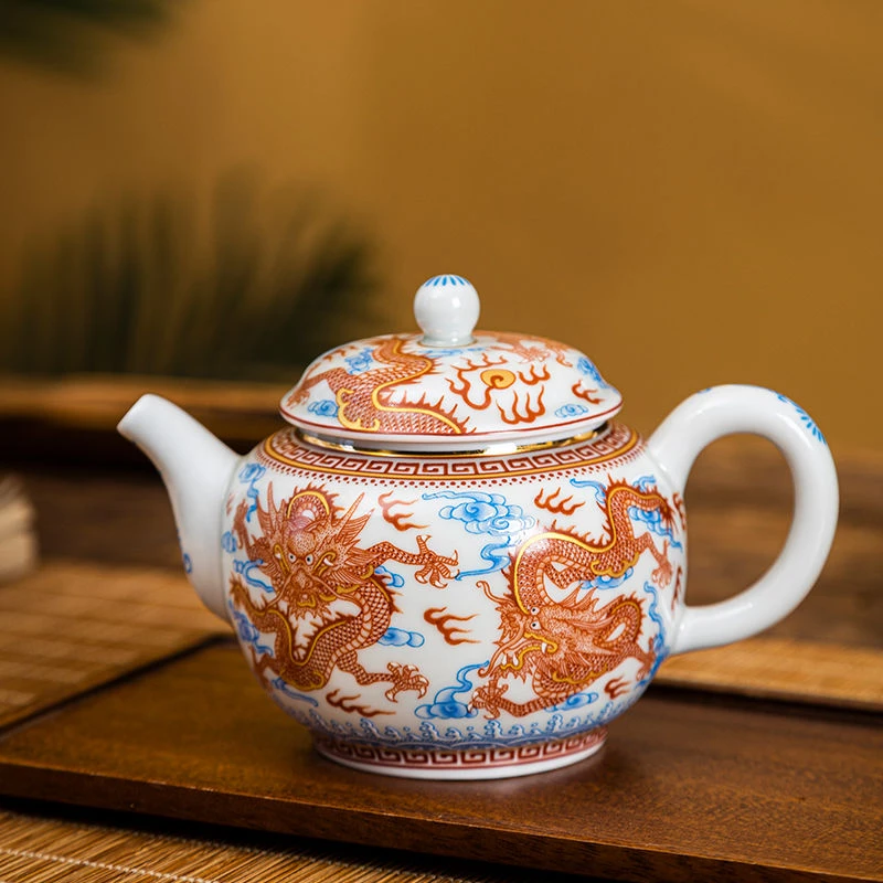 景德镇陶瓷手工手作矾红描金粉彩五龙陶瓷泡茶壶300cc