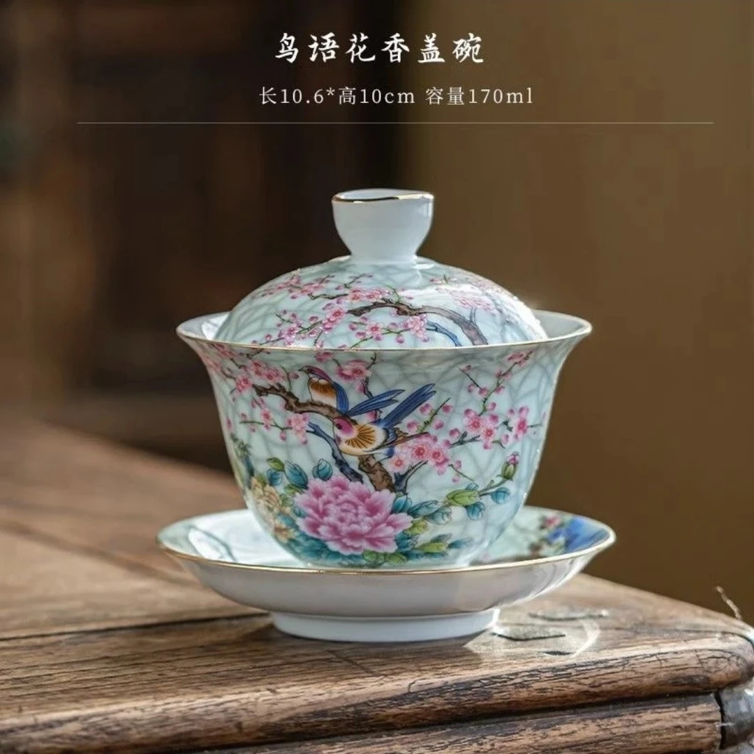 景德镇陶瓷手工手作珐琅彩喜上眉梢陶瓷三才盖碗