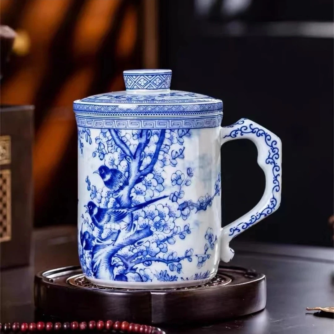 景德镇陶瓷手工手作青花喜上眉梢三件套陶瓷办公杯