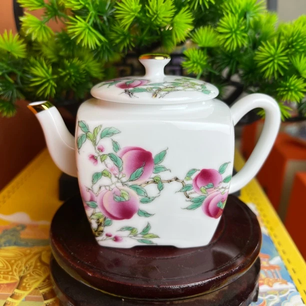 景德镇手工手作粉彩蟠桃献寿高端茶具四方泡茶壶