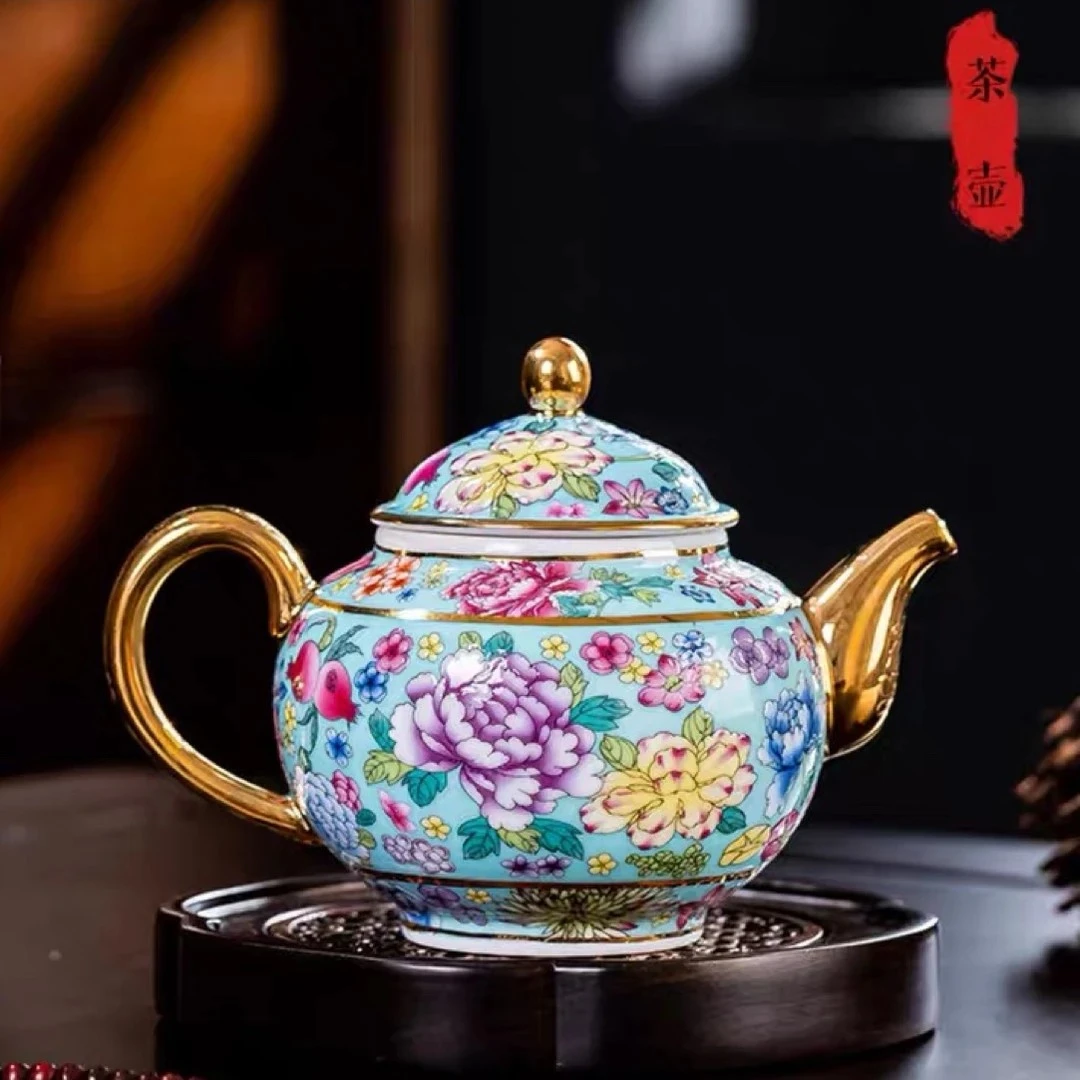 景德镇陶瓷手工手作湖水蓝百花珐琅彩陶瓷茶壶