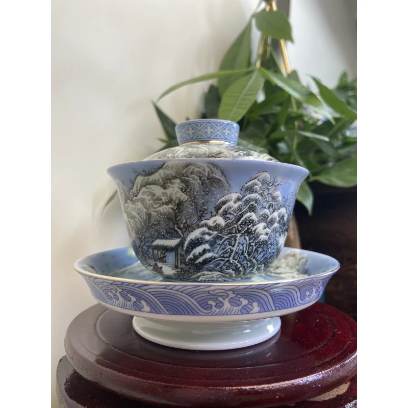 景德镇陶瓷手工手作粉彩瑞雪兆丰年雪景山水陶瓷高足三才盖碗