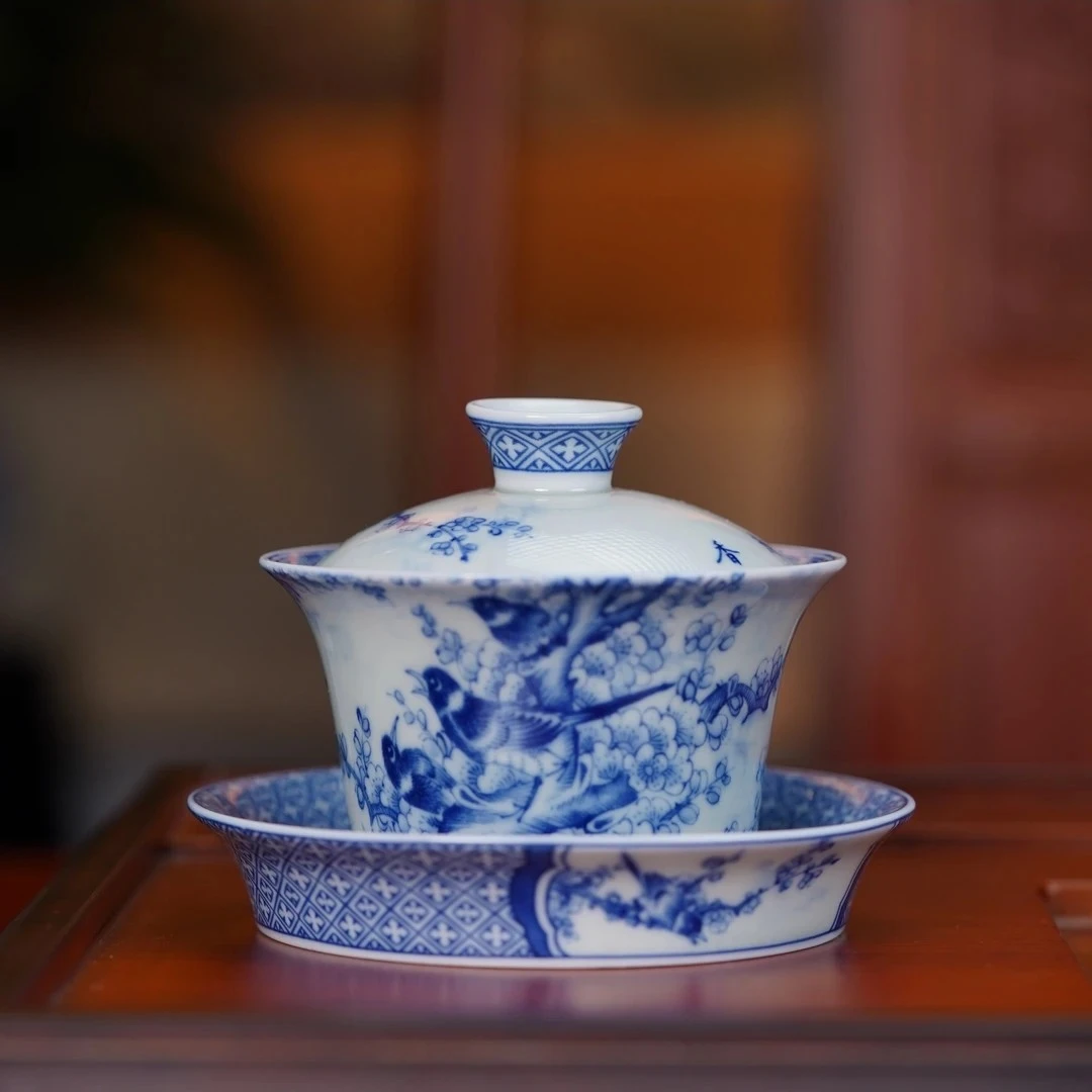 景德镇陶瓷手工手作青花喜上眉梢陶瓷马蹄三才盖碗