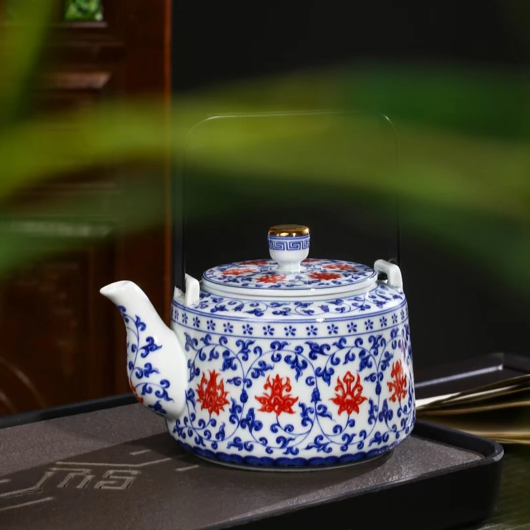 景德镇手工手作釉下彩青花釉里红缠枝莲高端提梁壶套装（带礼盒）