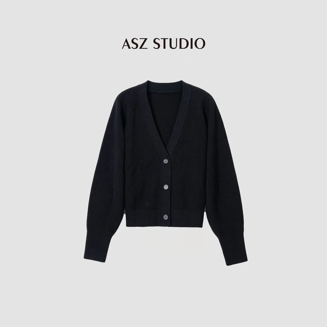ASZ STUDIO/BS经典高克重宽松V领罗纹棉质单排扣开衫外套23077